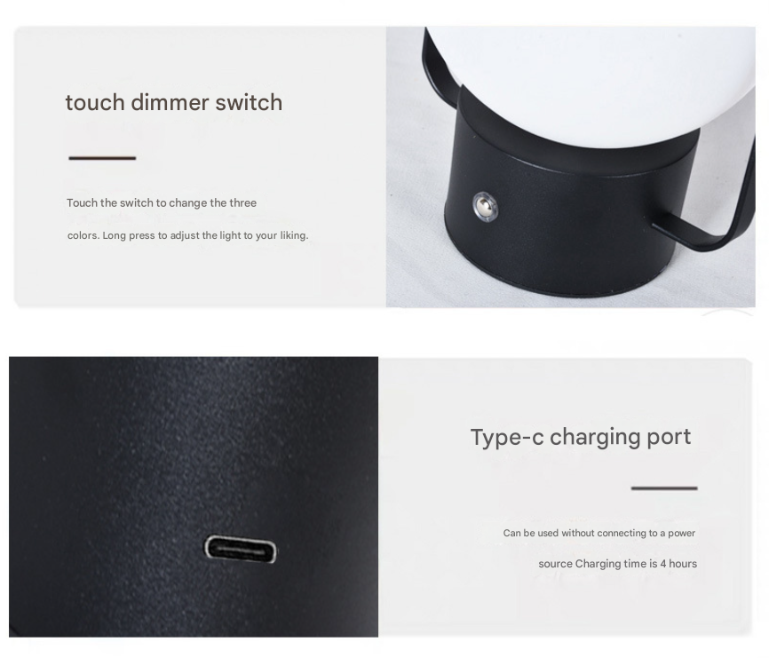 Silver Portable Rechargeable LED Lantern Lamp - Touch Control 3-Color Dimmable Desk Light