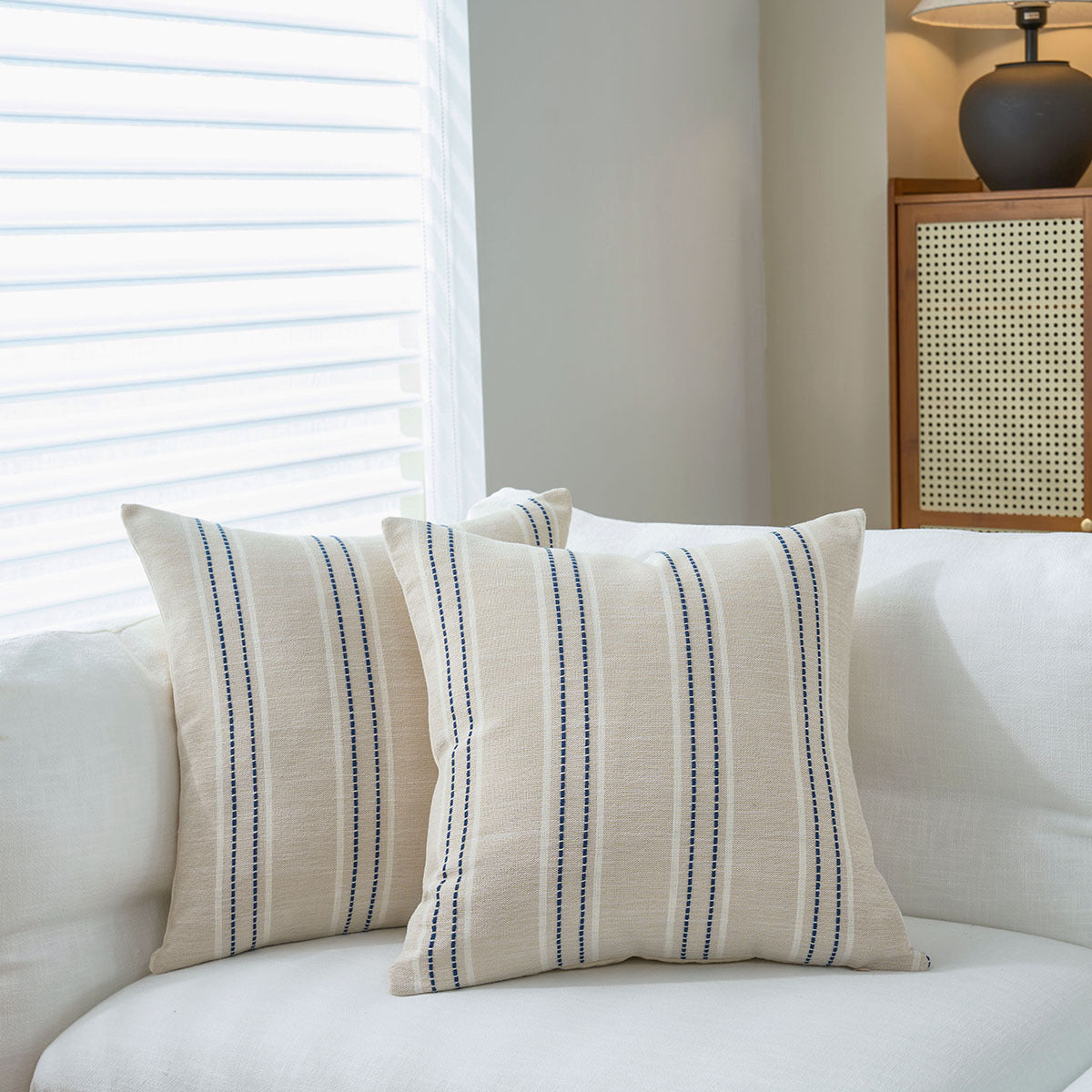 Textured Vertical Striped Pillowcases - Scandinavian Home Decor Accents (Blue Stripes Pair - 45x45cm)