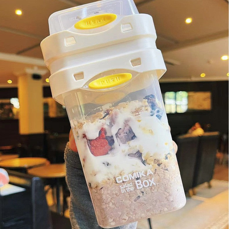 White Portable salad cup with ingredient compartment and fork and spoon - enjoy breakfast on the go