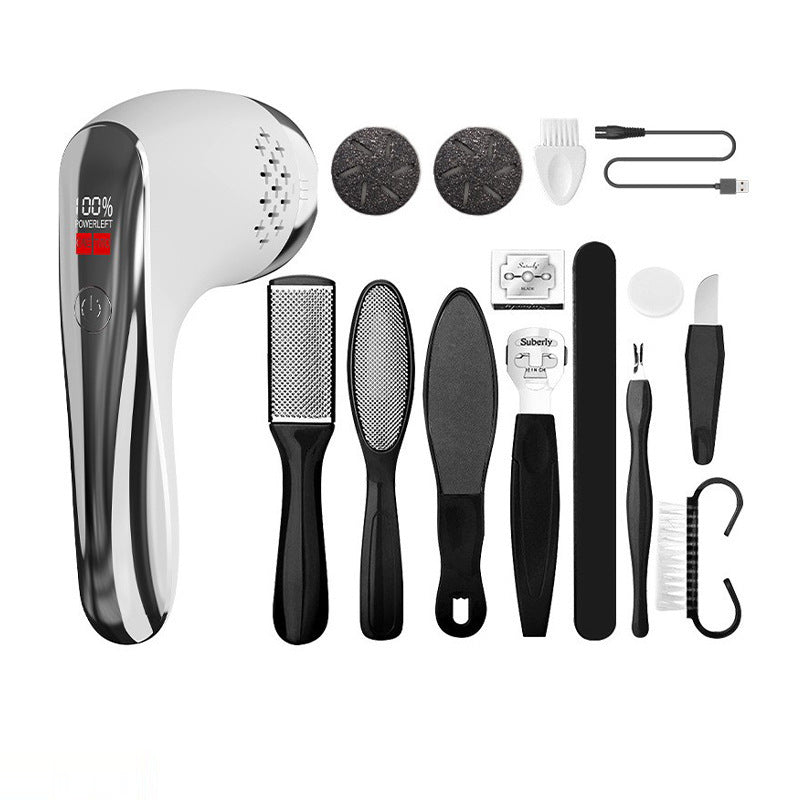 White Rechargeable Electric Foot Grinder with Suction - Complete 10-Piece Pedicure Kit
