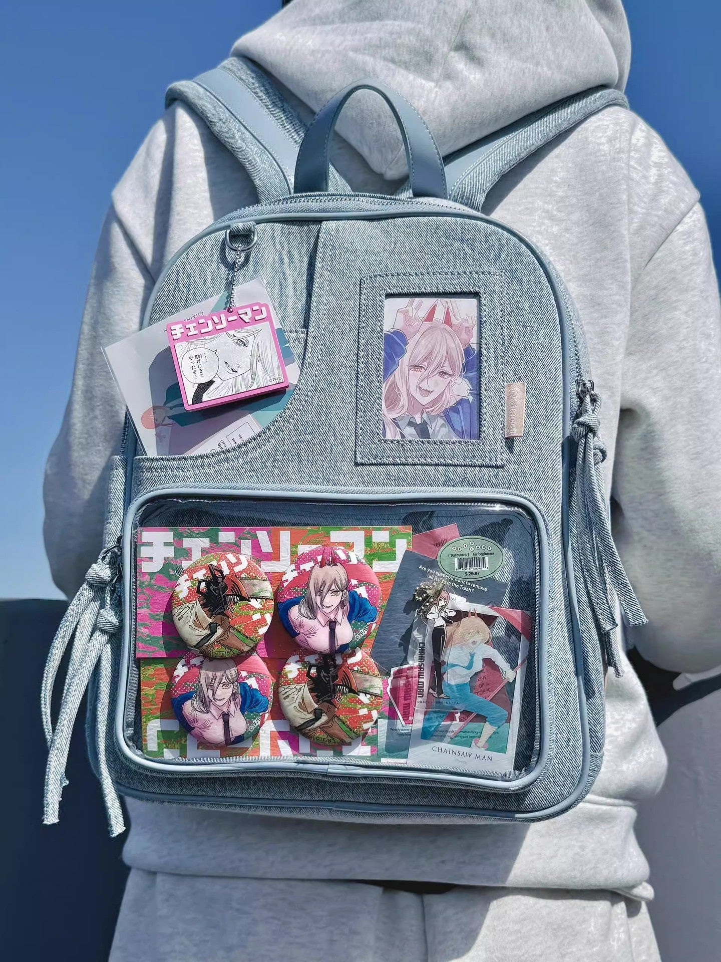 Light blue Large Capacity Anime Denim Bookbag for School Commute Anime Fans