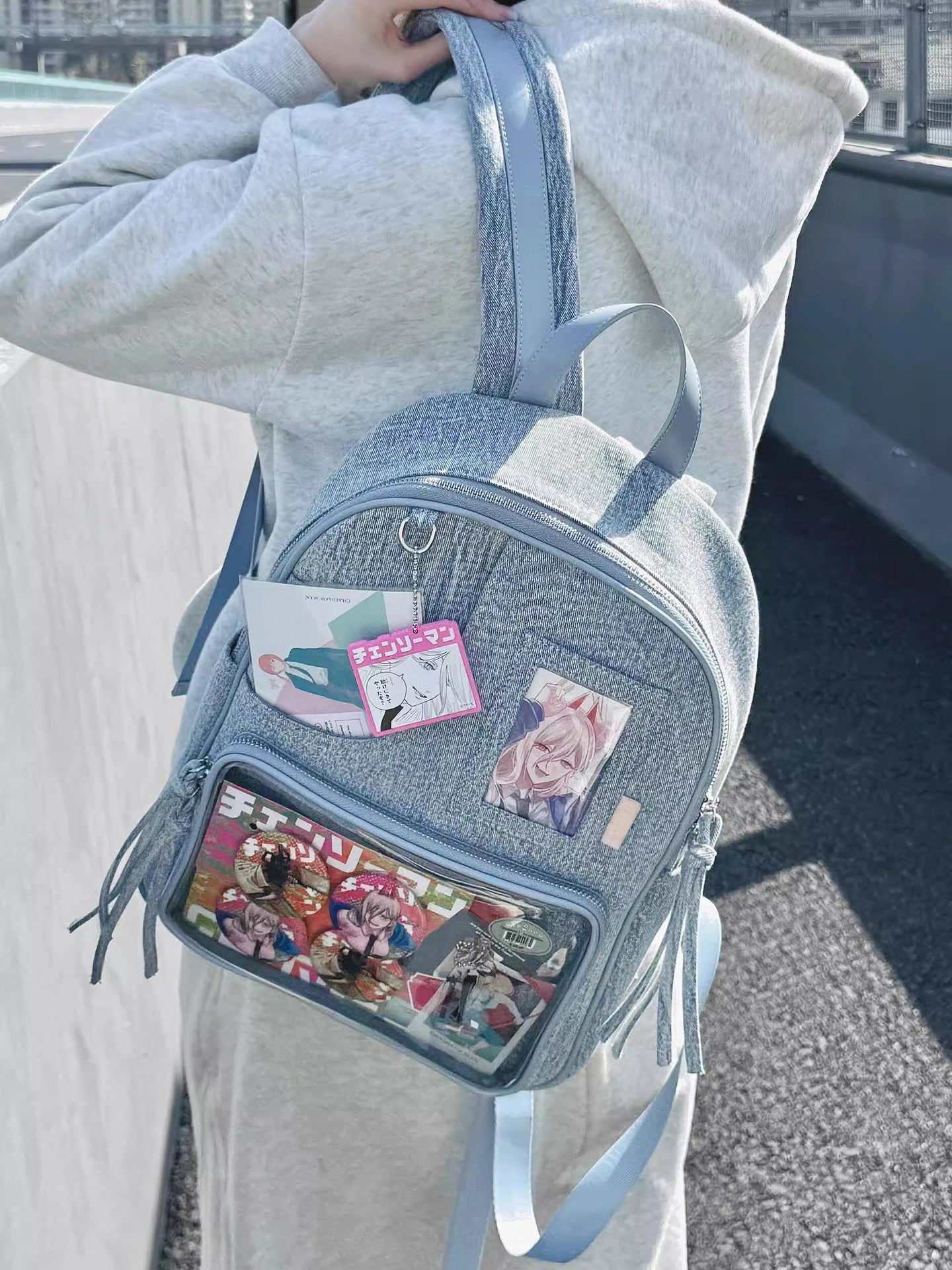 Light blue Large Capacity Anime Denim Bookbag for School Commute Anime Fans