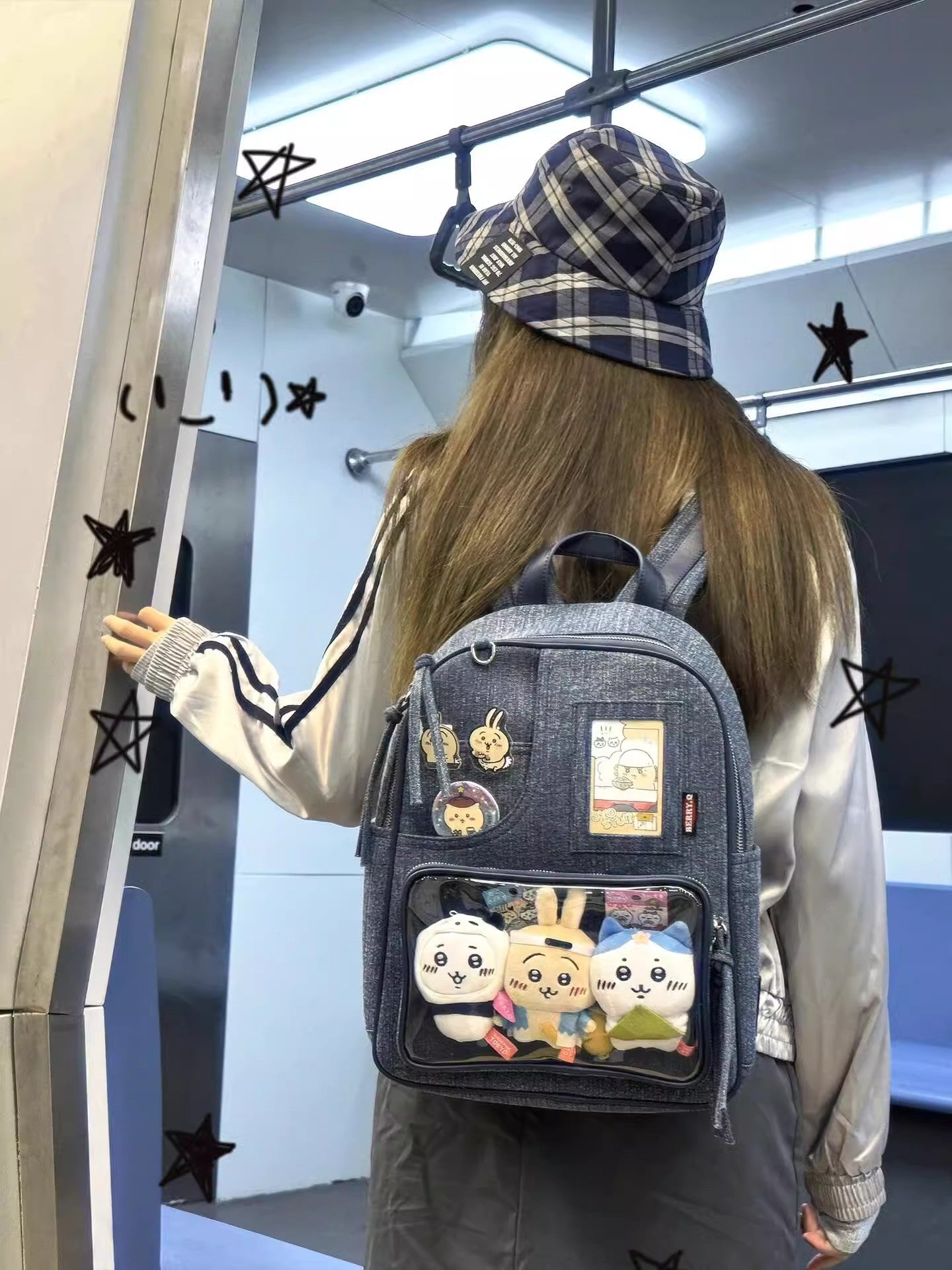 Dark blue Large Capacity Anime Denim Bookbag for School Commute Anime Fans