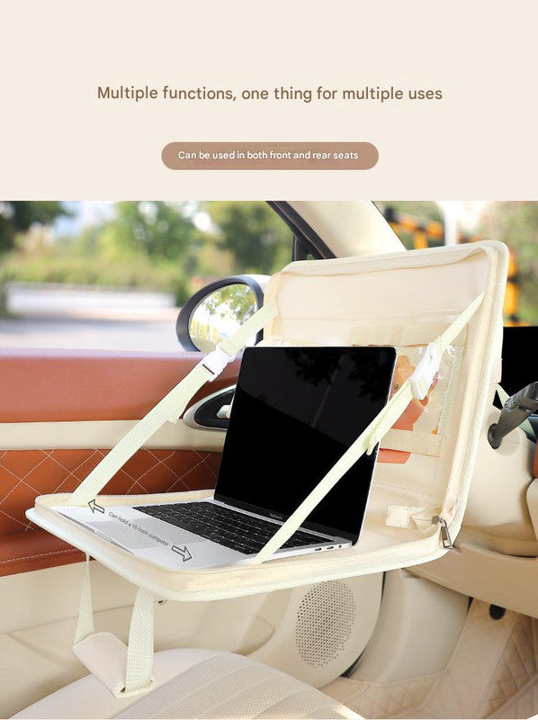 Brown Foldable Car Back Seat Organizer Tray - PU Leather Travel Desk with Tablet Holder