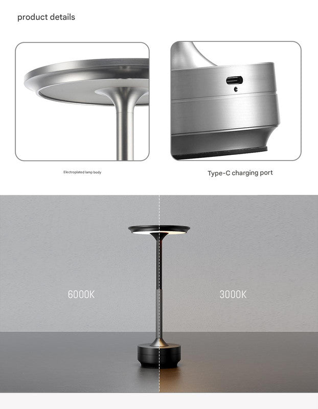 Silver Elegant Aluminum Alloy Rechargeable LED Touch Lamp - 3-Color Dimmable Cordless Table Light