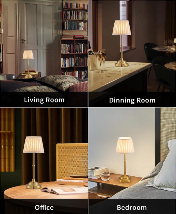 Gold and White Elegant Rechargeable Fabric Shade LED Lamp - Cordless Touch Stepless Dimmable Table Light