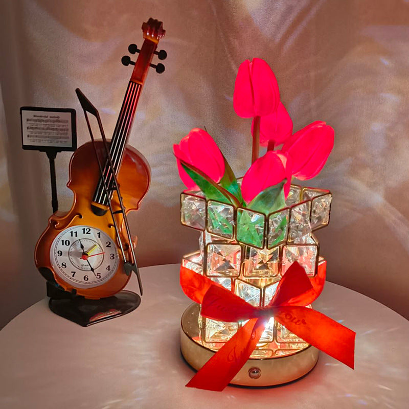 Red Elegant Crystal Tulip LED Night Light - Rechargeable Touch Lamp with 3 Colors & Dimming