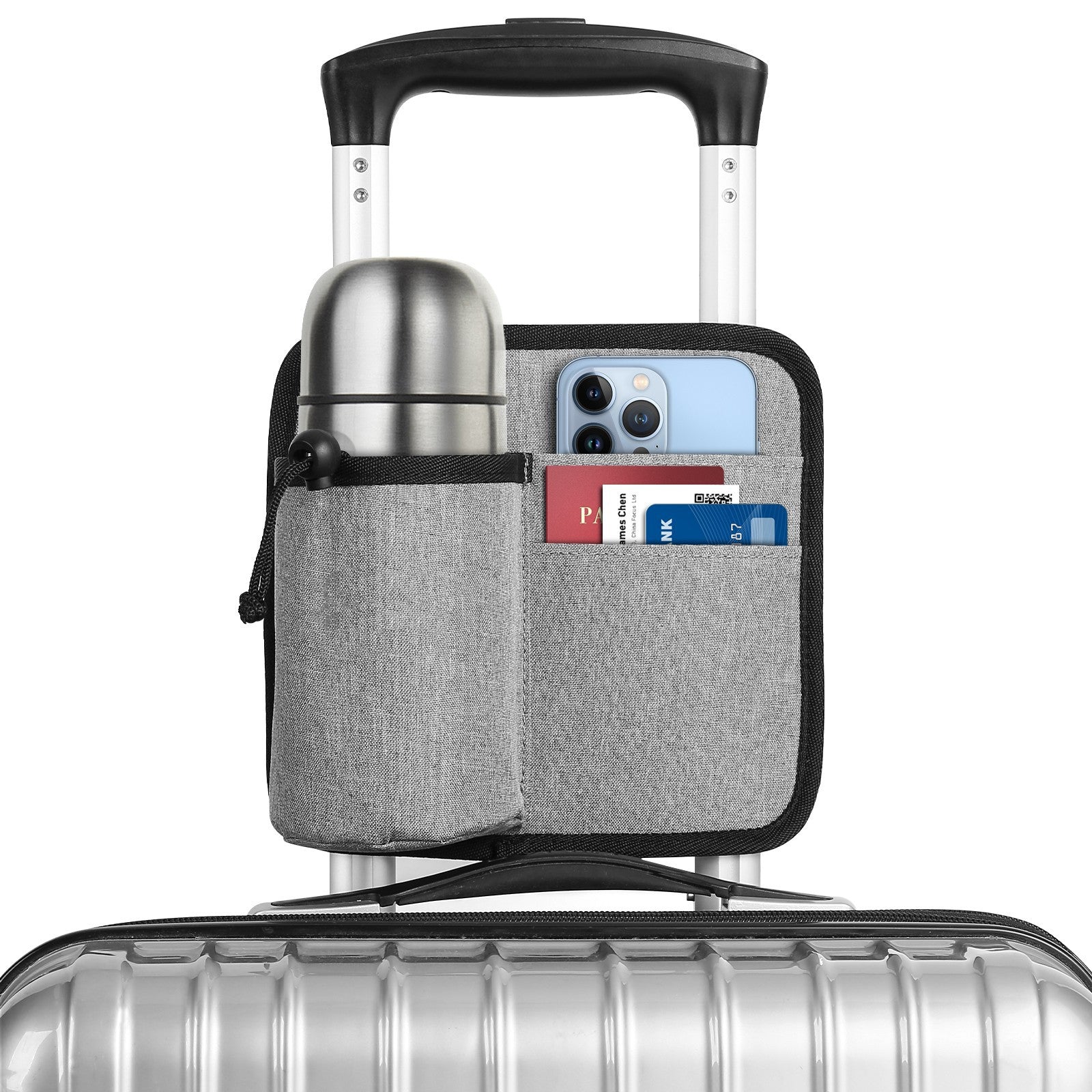 2 Pcs Black Hands-Free Luggage Handle Travel Cup Holder & Organizer Pouch