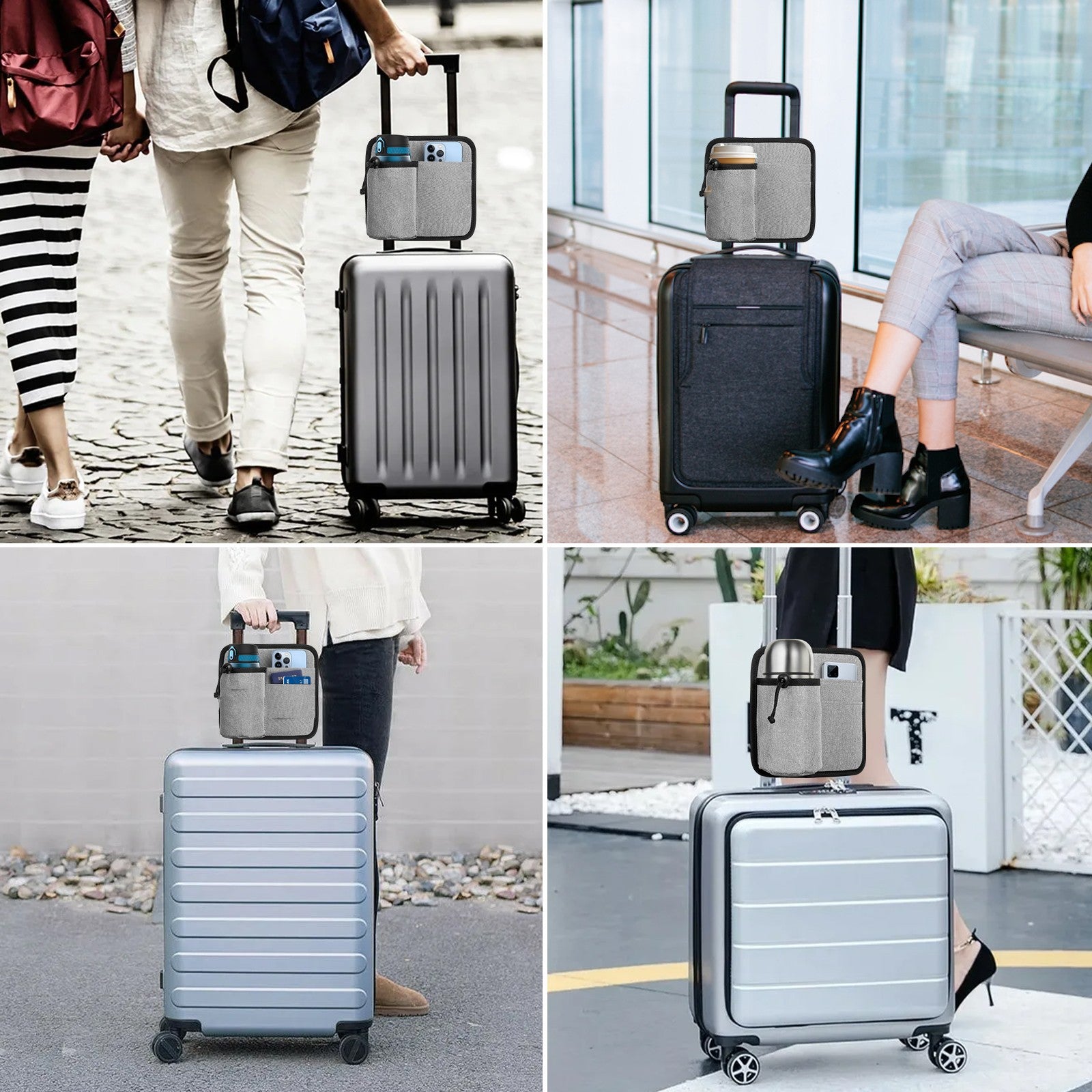 2 Pcs Grey Hands-Free Luggage Handle Travel Cup Holder & Organizer Pouch