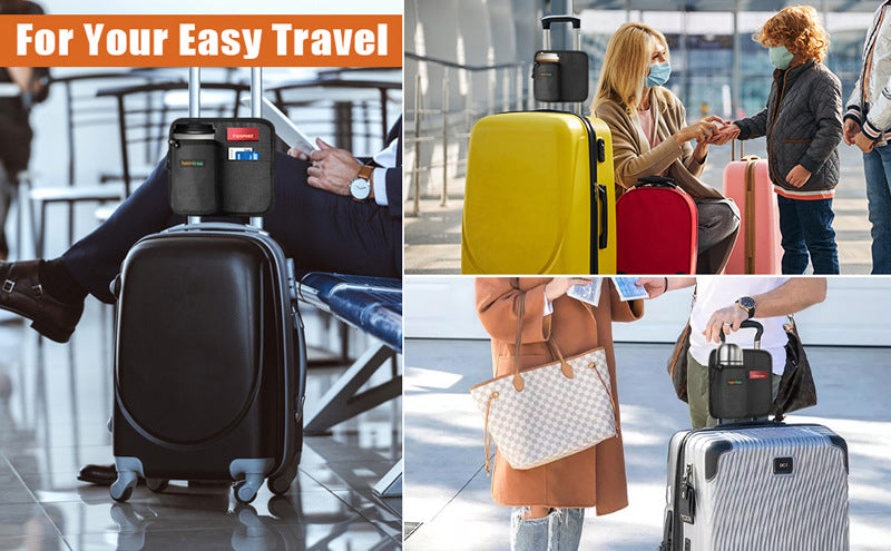 2 Pcs Grey Hands-Free Luggage Handle Travel Cup Holder & Organizer Pouch