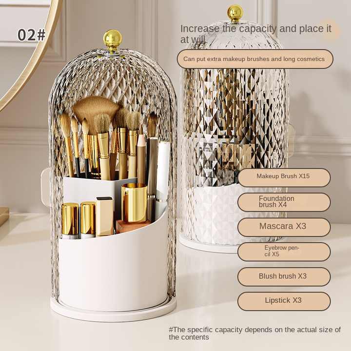 White Elegant 360 Rotating Makeup Brush Holder & Cosmetic Organizer with Dustproof Dome Lid(Makeup is a prop for shooting and is not included)