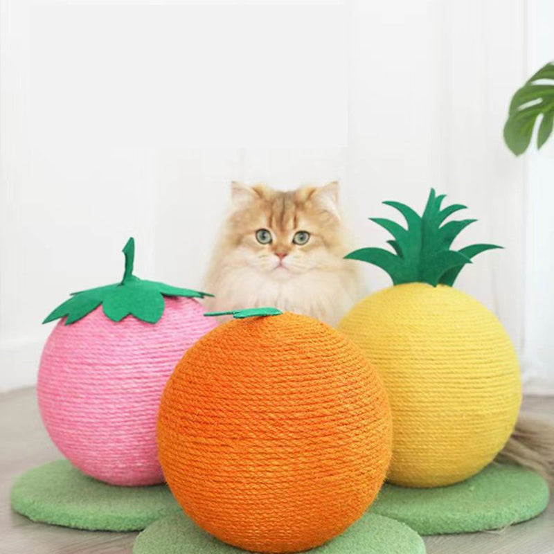 Pink Strawberry And Green Base Fun Fruit Shaped Sisal Cat Scratcher Ball - Durable Scratching Toy with Stable Base