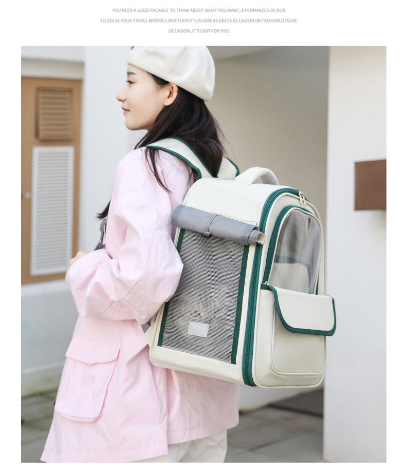 Beige And Pink Spacious Pet Carrier Backpack with Clear Window - Comfortable Travel Bag for Cats & Small Dogs