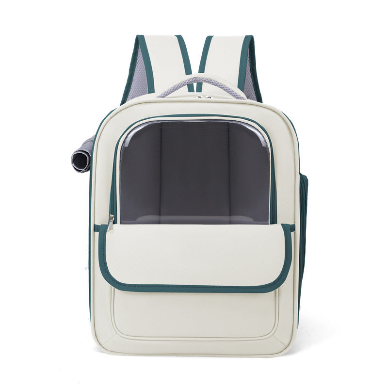 Beige And Green Spacious Pet Carrier Backpack with Clear Window - Comfortable Travel Bag for Cats & Small Dogs