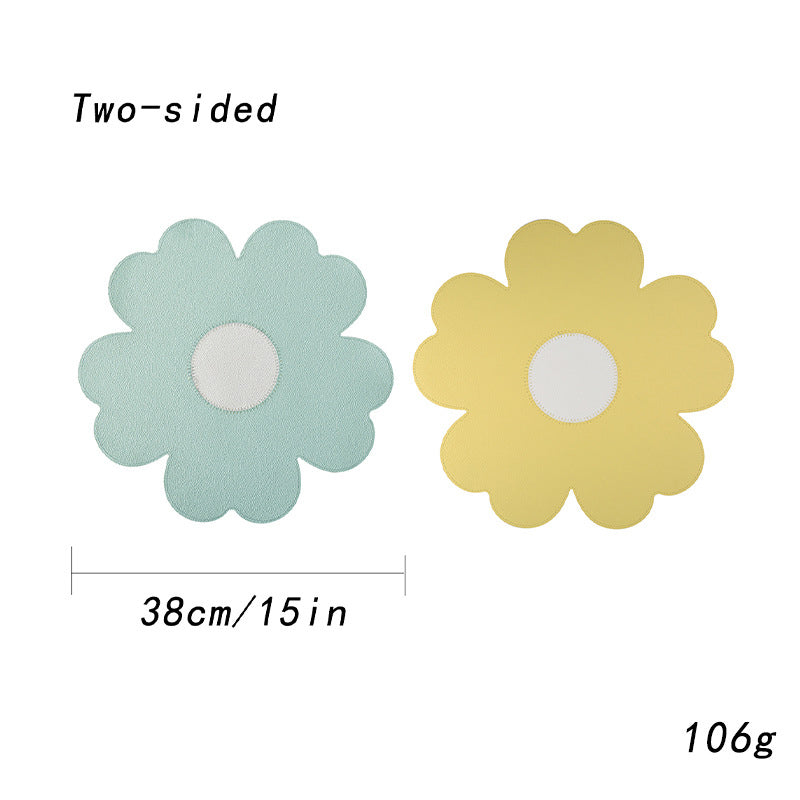 Blue Background With White Heart + Blue Background Set of 6 Reversible Flower Shaped Placemats - Waterproof PU Leather Dining Table Mats