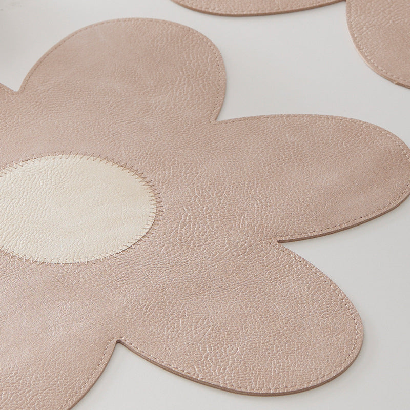 White Background With Blue Heart + Yellow Heart Set of 6 Reversible Flower Shaped Placemats - Waterproof PU Leather Dining Table Mats