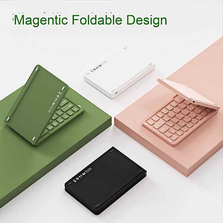 Black Ultra-Slim Foldable Bluetooth Keyboard - Portable Wireless Rechargeable Travel Keyboard for iOS Android Windows Devices