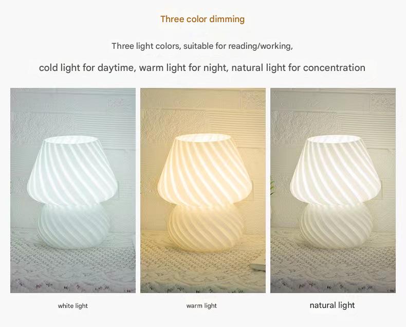 White Retro Swirl Glass Mushroom Table Lamp - USB Powered 3-Level Dimmable Bedside Accent Light