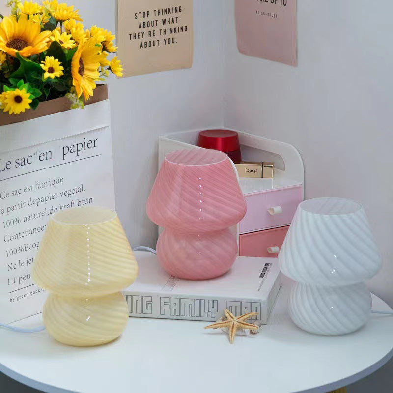 Yellow Retro Swirl Glass Mushroom Table Lamp - USB Powered 3-Level Dimmable Bedside Accent Light