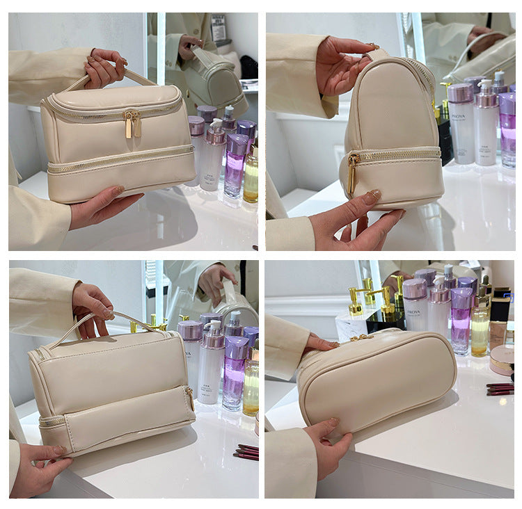 Beige Large Capacity Double Layer PU Leather Makeup Bag - Portable Travel Cosmetic Organizer Case