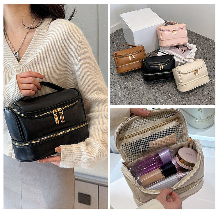 Pink Large Capacity Double Layer PU Leather Makeup Bag - Portable Travel Cosmetic Organizer Case