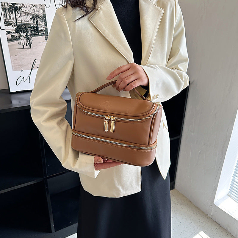 Brown Large Capacity Double Layer PU Leather Makeup Bag - Portable Travel Cosmetic Organizer Case