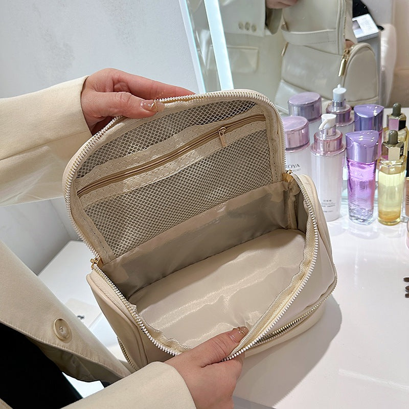 Brown Large Capacity Double Layer PU Leather Makeup Bag - Portable Travel Cosmetic Organizer Case