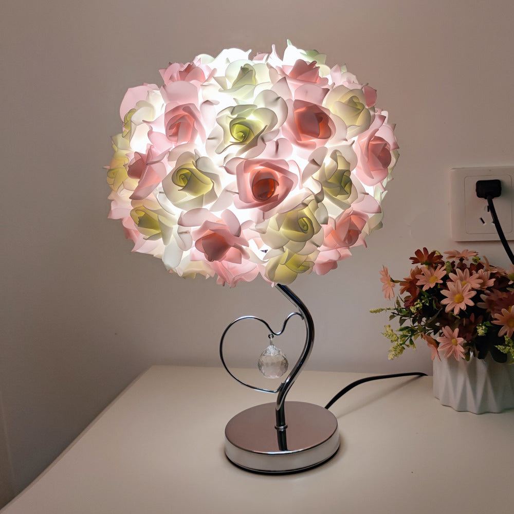 Red Roses And Silver Base Romantic Red Rose Flower Table Lamp - Crystal Heart Accent Bedside Night Light