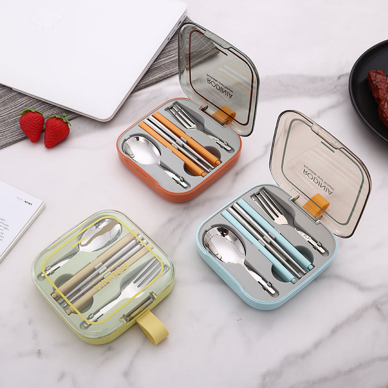 2 Sets Orange And Grey Portable Stainless Steel Cutlery Set - Reusable Utensils (2 Fork, 2 Spoon, 2 pairs of Chopsticks) with Compact Travel Case