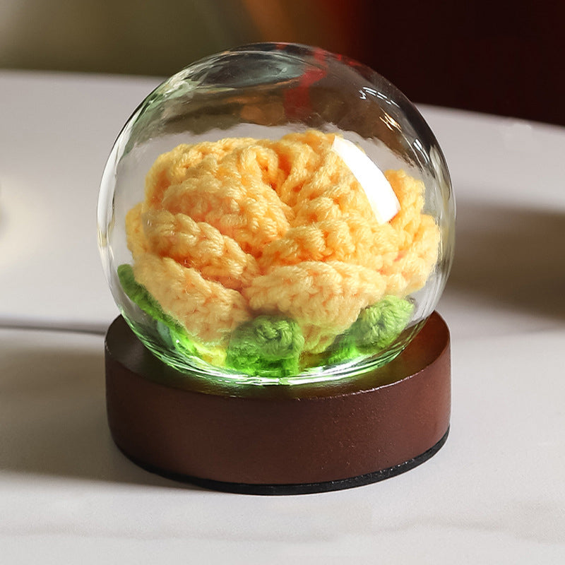 Yellow Rose Handcrafted Crochet Flower LED Night Light - USB Rechargeable Glass Dome Lamp with Wood Base, 3 Color Modes