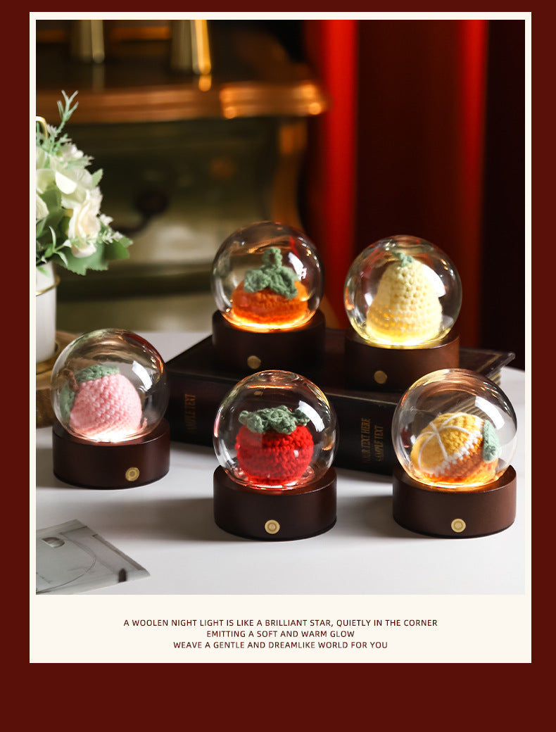 White Rose Handcrafted Crochet Flower LED Night Light - USB Rechargeable Glass Dome Lamp with Wood Base, 3 Color Modes