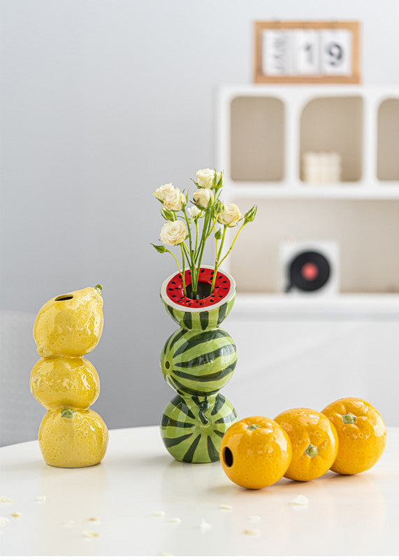 Green and Red Whimsical Stacked Watermelon Ceramic Vase - Novelty Tabletop Decor