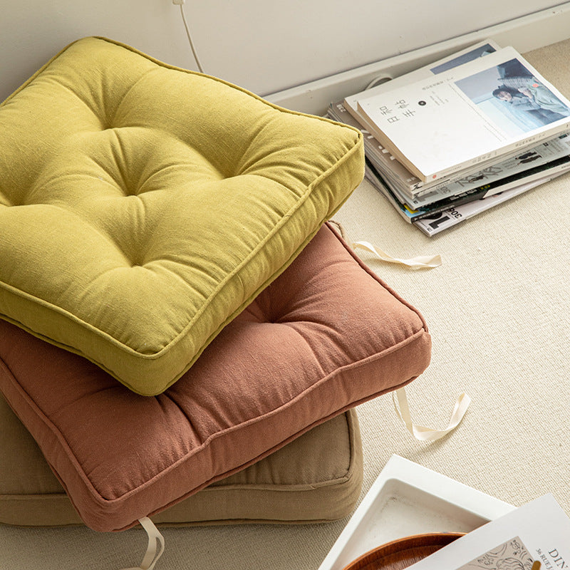 Brown Soft And Thick Seat Cushion - Cotton Linen Blend Chair Pad with Ties - 43x43cm