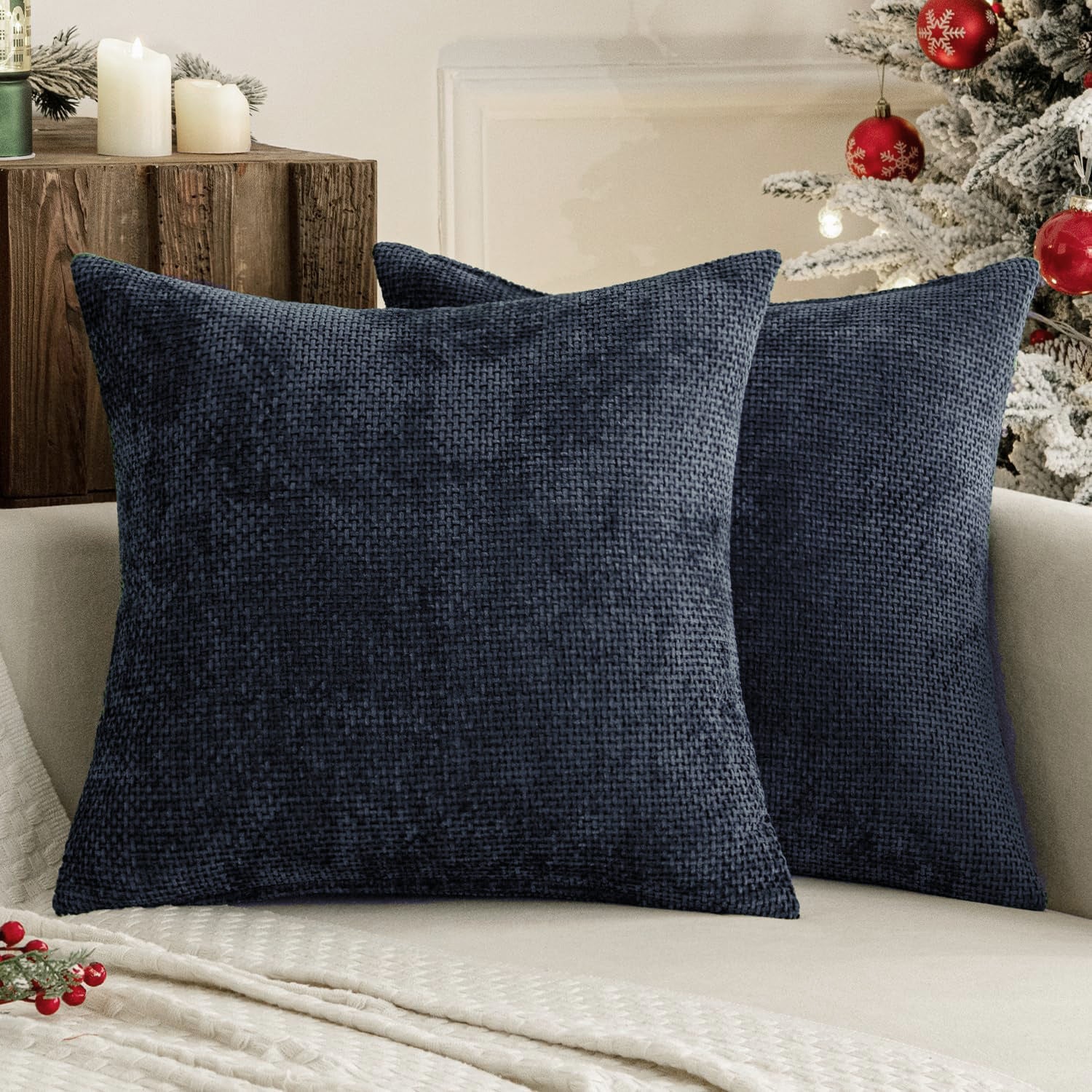 Dark Blue Plush Chenille Cushion Covers Set of 2 - Soft Textured Decorative Throw Pillow Cases for Sofa Couch, 45x45cm