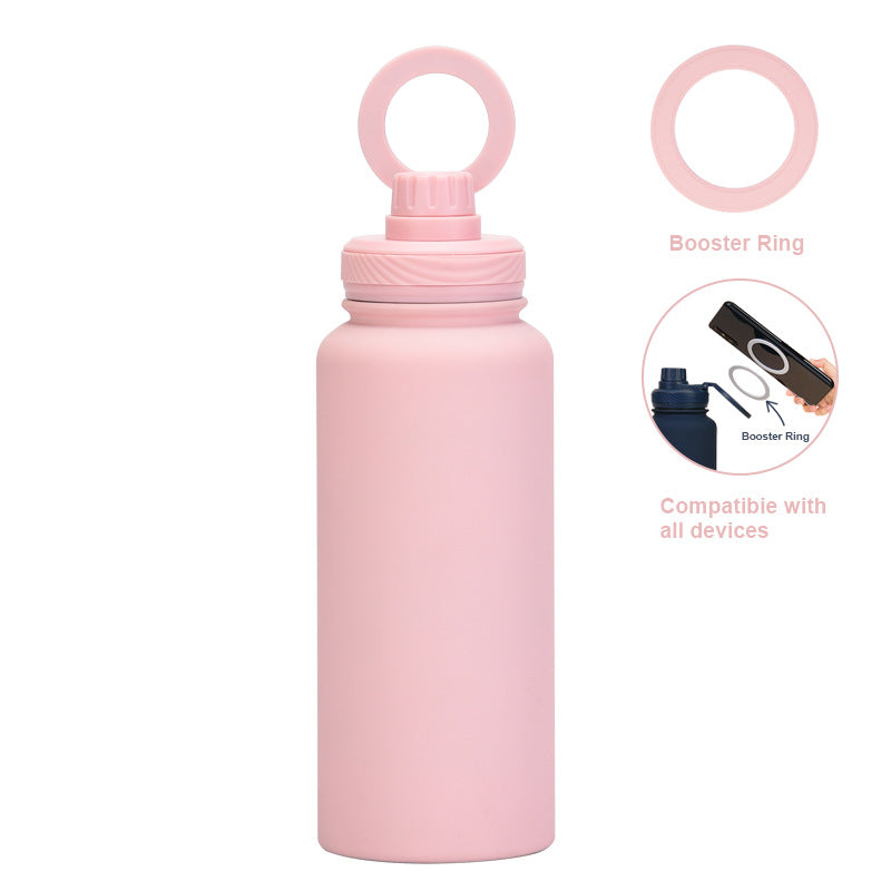 Light Pink 1L Stainless Steel Water Bottle with Magnetic Phone Holder Lid - Portable Hydration & Hands-Free Stand