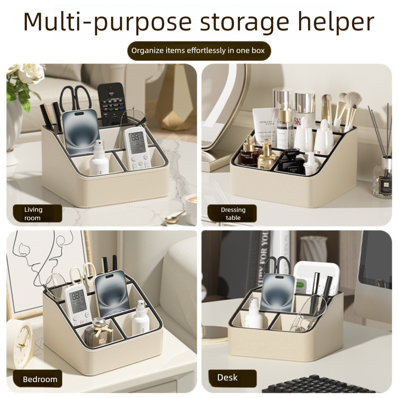 Beige and Black Stylish PU Leather Desktop Organizer Caddy - Multi-Compartment Holder for Remotes, Office Supplies, Makeup