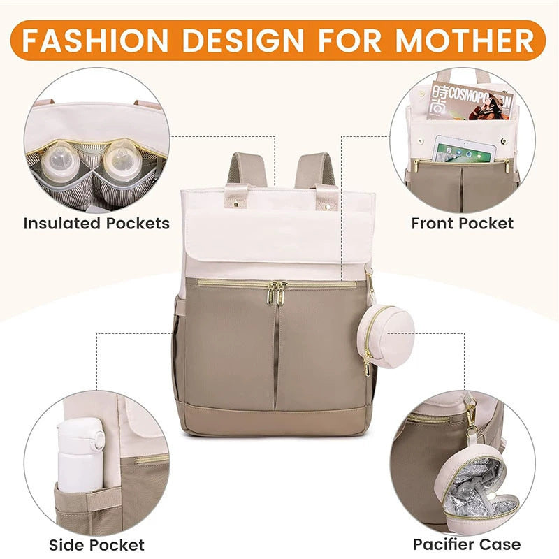 Khaki and Beige Stylish Nappy Bag Backpack - Multi-Functional Diaper Bag with Insulated Pockets, Changing Pad & Pacifier Case