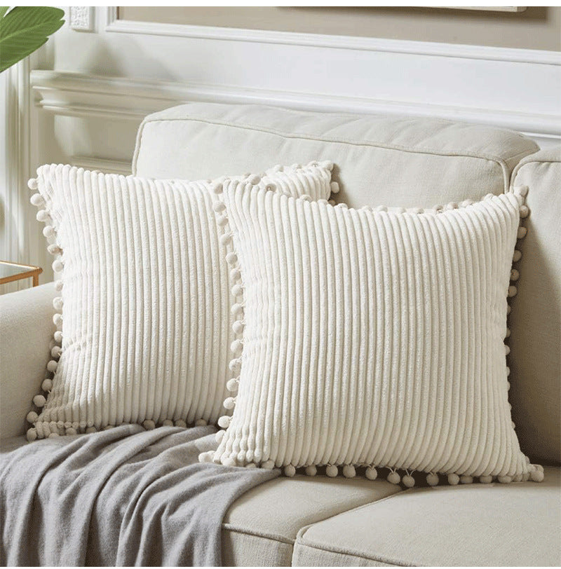 Light Grey Soft Corduroy Cushion Cover Set (1 Square + 1 Rectangular) with Pom Pom Trim - Decorative Throw Pillow Cases for Sofa Couch