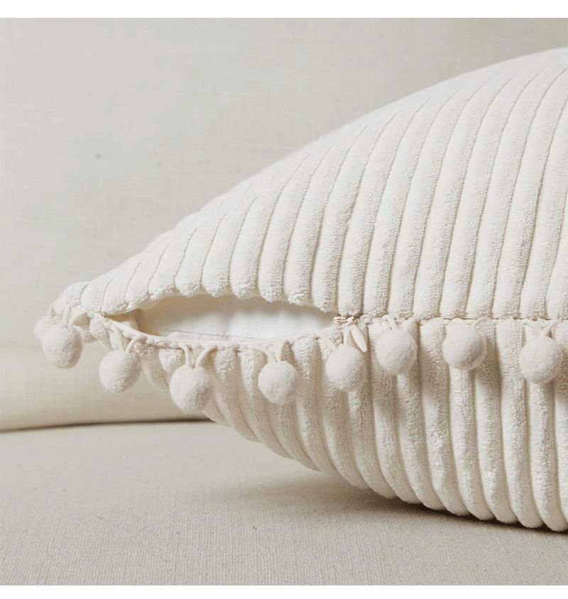 White Soft Corduroy Cushion Covers with Pom Pom Trim - Set of 2 Decorative Throw Pillow Cases for Sofa Couch Bed, 45x45cm