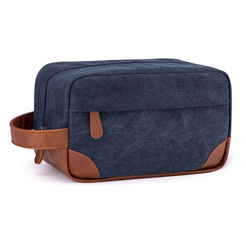 Dark Blue And Brown Men's Canvas Toiletry Bag - Large Capacity Water-Resistant Travel Organizer Dopp Kit with Handle