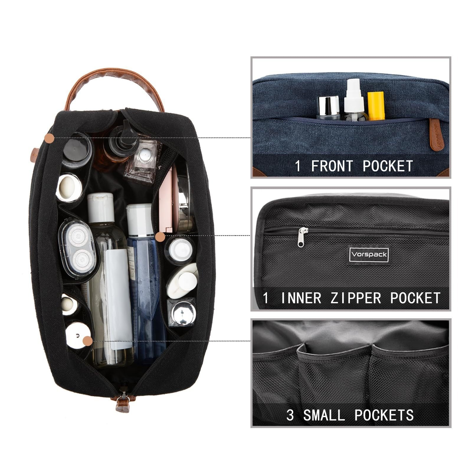 Dark Blue And Brown Men's Canvas Toiletry Bag - Large Capacity Water-Resistant Travel Organizer Dopp Kit with Handle