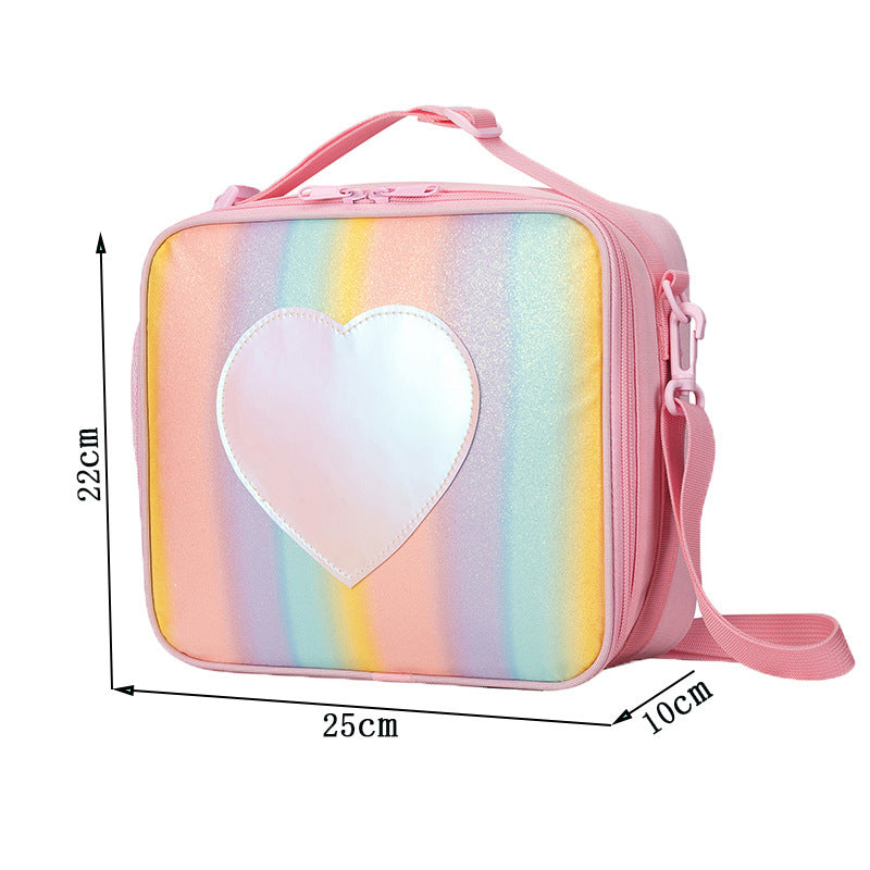Blue Sparkling Rainbow Heart Insulated Lunch Bag for Kids - Portable School Lunch Box with Shoulder Strap