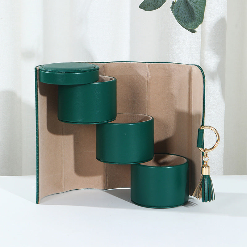 Green Elegant 3-Tier Cylindrical Travel Jewellery Box - PU Leather Organizer for Rings Earrings Necklaces with Tassel Charm
