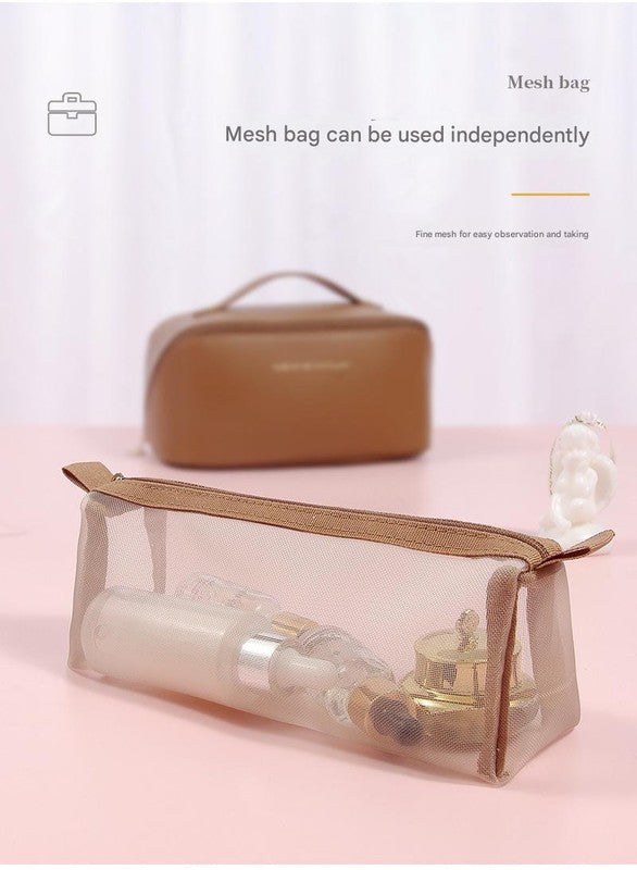 Brown Elegant PU Leather Makeup Bag & Toiletry Organizer with Detachable Mesh Pouch - Large Capacity Travel Cosmetic Case