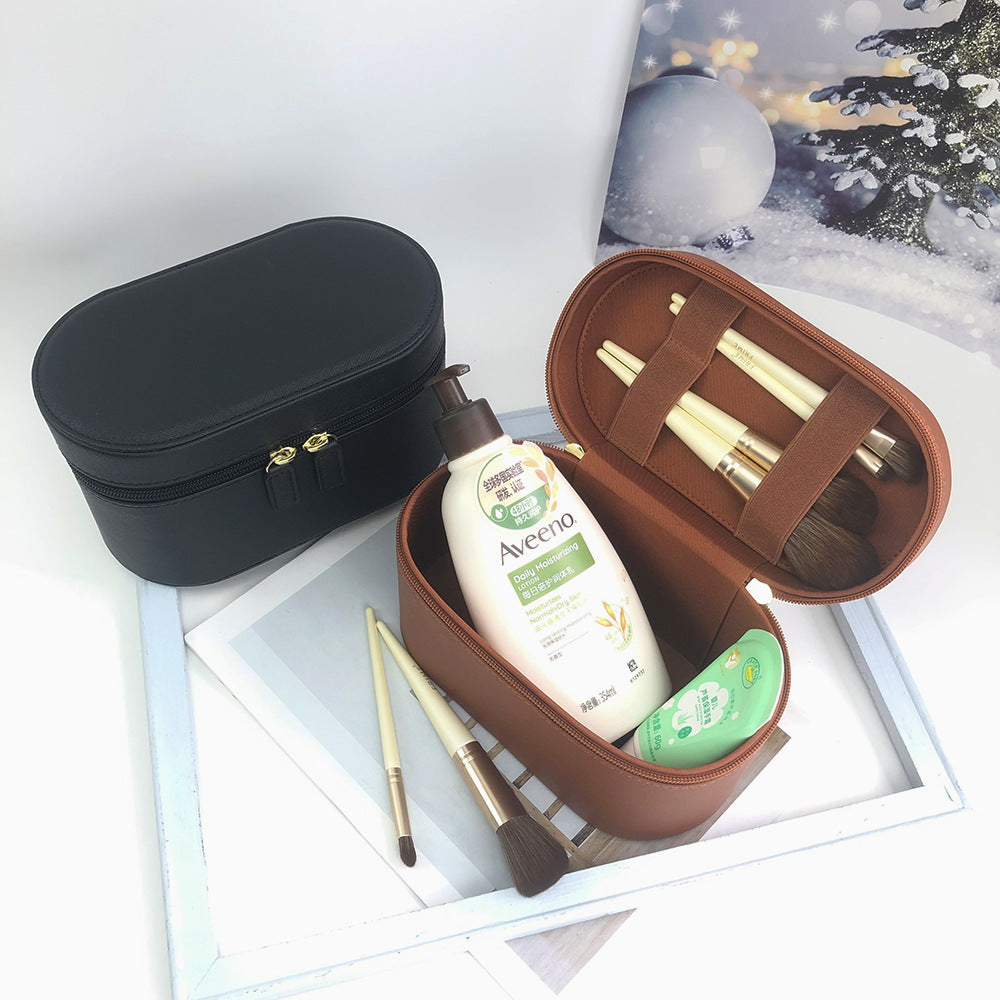 Black Elegant PU Leather Makeup & Toiletry Bag - Large Capacity Travel Cosmetic Organizer with Brush Holder