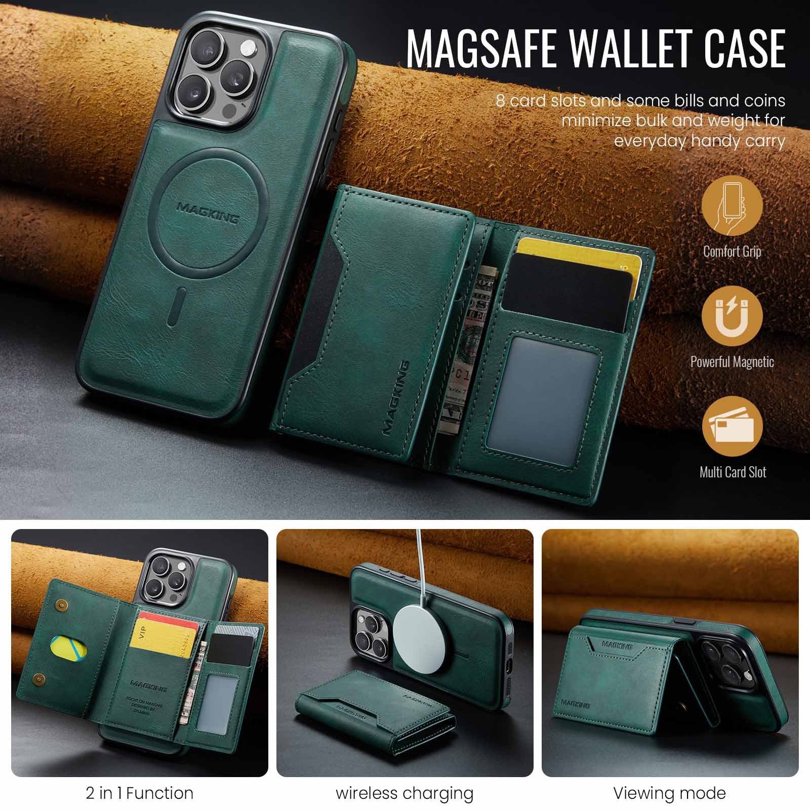 Green Premium MagSafe Wallet Case for iPhone 16 Pro - Detachable PU Leather Magnetic Card Holder