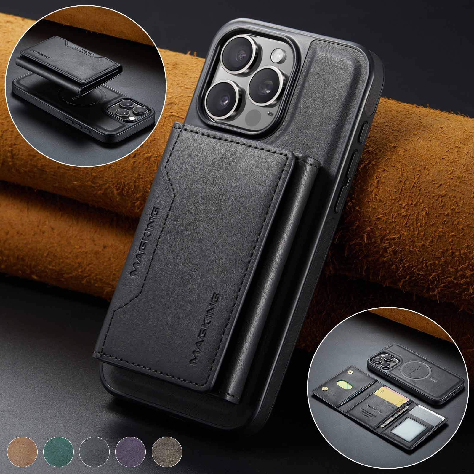 Black Premium MagSafe Wallet Case for iPhone 16 Pro - Detachable PU Leather Magnetic Card Holder