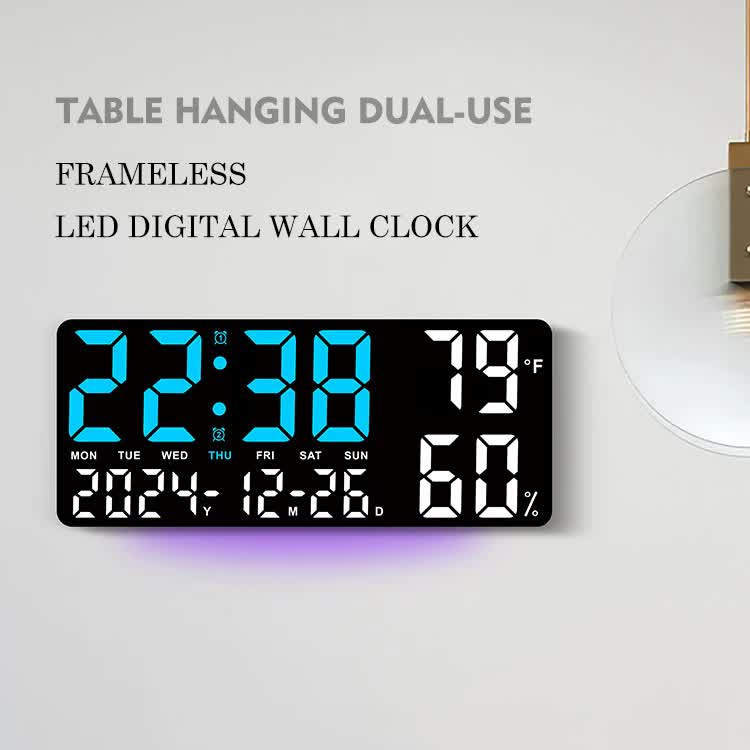 Black Background With Green and White Light Sleek Large LED Digital Wall & Desk Clock - Remote Control, Temperature, Humidity, Dual Alarms, Calendar