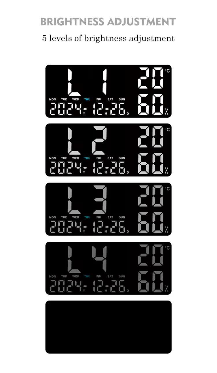 Black Background With Blue and White Light Sleek Large LED Digital Wall & Desk Clock - Remote Control, Temperature, Humidity, Dual Alarms, Calendar