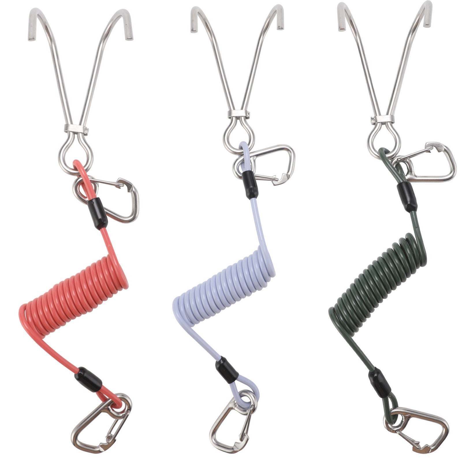 Blue Pro 316 Stainless Steel Diving Reef Hook - Single, Double Combo Pack - Current Hook with Coiled Safety Lanyard